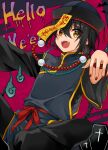  1boy black_hair cosplay eyebrows_visible_through_hair hair_between_eyes hair_ornament jiangshi looking_at_viewer mashiro_(nijisanji) nijisanji smile tarachine virtual_youtuber yellow_eyes 