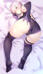  1girl 846-gou absurdres armpits ass ass_grab bare_shoulders bed bed_sheet black_legwear blush breasts elbow_gloves eyebrows_visible_through_hair eyes_visible_through_hair fate/grand_order fate_(series) from_above gloves hair_over_one_eye hand_on_own_ass highres large_breasts leotard light_purple_hair lips looking_at_viewer looking_back mash_kyrielight on_bed partially_visible_vulva pink_hair pink_lips presenting purple_eyes purple_gloves seamed_legwear short_hair solo thighhighs thighs top-down_bottom-up 