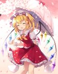  1girl :d ^_^ absurdres ascot bangs blonde_hair blush closed_eyes commentary_request crystal eyebrows_visible_through_hair fang feet_out_of_frame flandre_scarlet flower frilled_shirt_collar frilled_umbrella frills hair_flower hair_ornament hat highres holding holding_umbrella medium_hair mob_cap one_side_up open_mouth petals puffy_short_sleeves puffy_sleeves red_ribbon red_skirt red_vest ribbon ruhika shirt short_sleeves skirt skirt_set smile solo standing touhou umbrella vest white_headwear white_shirt wings wrist_cuffs yellow_ascot 