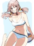  1girl :d absurdres ass_visible_through_thighs ball barefoot beach_volleyball bikini breasts brown_eyes brown_hair cleavage collarbone commentary_request eyebrows_visible_through_hair eyes_visible_through_hair feet hair_ornament hair_scrunchie harukana_receive highres holding holding_ball looking_at_viewer medium_breasts navel nyoijizai oozora_haruka_(harukana_receive) open_mouth scrunchie sidelocks simple_background sketch smile solo standing standing_on_one_leg swimsuit thigh_gap thighs toes twintails volleyball white_bikini 