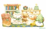  bear book bookshelf christmas christmas_wreath holding holding_stuffed_toy no_humans open_book original polar_bear sitting st.kuma stuffed_animal stuffed_toy teddy_bear twitter_username 