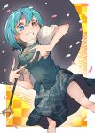  1girl blue_eyes blue_hair checkered checkered_background dutch_angle feet_out_of_frame from_below grin heterochromia highres looking_at_viewer petals puffy_sleeves red_eyes shirt short_hair short_sleeves skirt smile solo tatara_kogasa touhou v vest xmj6teuc 