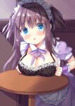  1girl :o apron bangs black_bra blue_eyes blush bra breast_rest breast_squeeze breasts brown_hair cleavage clenched_hands commentary_request detached_collar dress eyebrows_visible_through_hair hair_ornament hairclip heart heart_hair_ornament large_breasts long_hair looking_at_viewer maid maid_apron maid_headdress open_mouth original purple_dress purple_ribbon ribbon shadow shionorano short_sleeves short_twintails solo table twintails underwear 