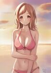  1girl amano_kusatsu bangs bare_arms bare_shoulders bikini blush bow breasts brown_eyes brown_hair cleavage closed_mouth collarbone cowboy_shot front-tie_bikini front-tie_top hand_on_own_arm highres horizon idolmaster idolmaster_shiny_colors long_hair medium_breasts navel ocean orange_sky outdoors pink_bikini pink_bow sakuragi_mano side-tie_bikini signature sky smile solo stomach sunlight swept_bangs swimsuit twilight water 