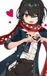  1boy black_hair dated eyebrows_visible_through_hair hair_between_eyes hair_ornament hairclip heart heart_hands highres looking_at_viewer mashiro_(nijisanji) nijisanji one_eye_closed red_scarf scarf sleeves_pushed_up smile tarachine virtual_youtuber yellow_eyes 