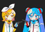  2girls blonde_hair blue_eyes blue_hair bow chibi double_bun gun hair_bow hatsune_miku holding holding_gun holding_weapon kagamine_rin multiple_girls nee_nee_nee._(vocaloid) short_hair terada_tera twintails vocaloid weapon yellow_eyes 