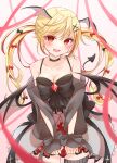  1girl absurdres bangs black_bow black_ribbon blonde_hair blush bow bow_bra bra breasts character_request choker cleavage collarbone commentary cross crystal demon_girl demon_tail demon_wings detached_sleeves dress fang frills hair_between_eyes hair_bow hair_ribbon head_wings highres indie_virtual_youtuber jewelry lace long_hair long_sleeves looking_at_viewer medium_breasts multicolored_hair null_maru open_mouth pink_ribbon red_bow red_eyes red_hair ribbon single_thighhigh sleeveless sleeveless_dress sleeves_past_wrists solo streaked_hair tail thighhighs thighs two_side_up underwear vampire virtual_youtuber wings 