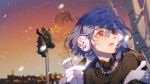  1girl bangs blue_hair blurry blurry_background caolao_bingren chain_necklace ear_covers evening gloves highres open_mouth original red_eyes short_hair snowing solo traffic_light white_gloves 