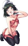  1girl absurdres between_legs black_hair black_legwear blush bound breasts collarbone cum cum_in_mouth facial finger_to_tongue flat_chest full_body green_eyes hand_between_legs hat heart heart-shaped_pupils highres kazuto_09 kneeling knees_together_feet_apart looking_at_viewer murasa_minamitsu naked_ribbon navel nude open_mouth ribbon sailor_hat saliva short_hair solo sweat symbol-shaped_pupils tears thighhighs tongue tongue_out touhou uvula 