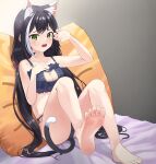  1girl absurdres animal_ear_fluff animal_ears bare_arms bare_legs barefoot bed_sheet black_hair blush bow bra breasts cat_cutout cat_ears cat_girl cat_lingerie cat_tail cinderella_bust cleavage cleavage_cutout clothing_cutout collarbone daon_1798 embarrassed fang green_eyes grey_background grey_bra grey_panties hair_bow hair_intakes highres karyl_(princess_connect!) leaning_back long_hair looking_at_viewer low_twintails medium_breasts meme_attire multicolored_hair open_mouth panties pillow princess_connect! purple_bow shiny shiny_hair side-tie_panties silver_hair sitting soles solo streaked_hair tail tears twintails underwear underwear_only very_long_hair 