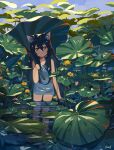  1girl :o absurdres animal_ear_fluff animal_ears bare_shoulders black_hair blue_shirt blush cat_ears collarbone cowboy_shot day english_commentary eyebrows_behind_hair green_eyes highres holding kgt_(pixiv12957613) long_bangs long_hair open_mouth original plant refraction shirt signature sleeveless solo sunlight thighs wetland 