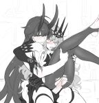  2girls ahoge bangs blush claw_ring clothed_sex cum cum_in_pussy elbow_gloves fangs futa_with_female futanari gloves greyscale hair_between_eyes headpiece highres honkai_(series) honkai_impact_3rd horns long_hair maiqo mobius_(honkai_impact) monochrome multiple_girls nail_polish open_mouth overflow parted_lips penis raiden_mei raiden_mei_(herrscher_of_thunder) saliva sex spot_color stirrup_legwear thigh_grab thighhighs toeless_legwear uncensored vaginal 