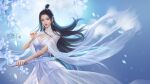  1girl absurdres black_hair branch dress earrings hair_bun hair_ornament highres jewelry long_hair lu_xueqi_(zhu_xian) lu_xueqi_tongren_ye sword weapon weibo_id white_dress zhu_xian 