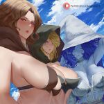  3girls araneesama bangs bare_shoulders blonde_hair blue_hair blue_sky blush breasts brown_hair cleavage elden_ring fia_the_deathbed_companion hat hood hood_up large_breasts long_hair looking_at_viewer melina_(elden_ring) multiple_girls ranni_the_witch sky witch_hat 