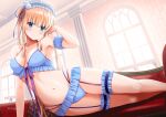  1girl arm_strap bangs black_bra black_panties blonde_hair blue_eyes blue_hairband blue_ribbon blush bra breasts cleavage closed_mouth collarbone covered_nipples fang fang_out frilled_hairband frills garter_straps hair_over_shoulder hair_ribbon hairband halterneck hand_in_own_hair highres indoors long_hair looking_at_viewer medium_breasts multi-strapped_panties navel panties ribbon saenai_heroine_no_sodatekata satou_chagashi sawamura_spencer_eriri shiny shiny_hair skin_fang smile solo thigh_strap twintails twitter_username underwear very_long_hair 