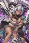  1girl \||/ black_nails breast_hold breasts brooch cleavage clenched_teeth dark-skinned_female dark_skin demon_girl demon_horns detached_sleeves english_commentary eyebrows_visible_through_hair eyelashes fediel_(granblue_fantasy) feet_out_of_frame gem gold_trim granblue_fantasy hair_between_eyes hair_ornament horns huge_breasts hybridmink jewelry legs_apart long_hair navel open_mouth patreon_username pink_eyes ring serious shadow silver_hair single_thighhigh solo teeth thighhighs thighs v-shaped_eyebrows 