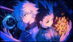  2boys black_hair blue_eyes gon_freecss hands_up highres holding hunter_x_hunter killua_zoldyck kuo_tasuku male_focus moon multiple_boys night night_sky orange_eyes sky smile spiked_hair sun symbolism white_hair 