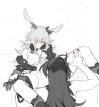  2girls animal_ears blush closed_eyes gloves greyscale hair_over_one_eye headphones headphones_around_neck highres honkai_(series) honkai_impact_3rd horns implied_cunnilingus long_hair maiqo monochrome multiple_girls nail_polish parted_lips raiden_mei raiden_mei_(herrscher_of_thunder) single_thighhigh spot_color thighhighs yae_sakura yae_sakura_(goushinnso_memento) yuri 