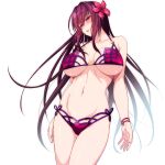  1girl 846-gou absurdres bangs bare_shoulders bikini breasts cameltoe cleavage collarbone fate/grand_order fate_(series) flower hair_between_eyes hair_flower hair_ornament hibiscus highres large_breasts long_hair looking_at_viewer navel parted_lips purple_bikini purple_hair red_eyes scathach_(fate) scathach_(swimsuit_assassin)_(fate) smile solo swimsuit thighs 