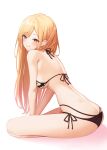  1girl ass bangs bare_arms bare_legs bikini black_bikini blonde_hair blush breasts butt_crack closed_mouth ear_piercing earrings eyebrows_visible_through_hair from_side full_body hair_between_eyes hair_over_shoulder highres jewelry ju-ok kitagawa_marin leaning_forward long_hair looking_at_viewer medium_breasts multi-strapped_bikini piercing red_eyes side-tie_bikini sideboob simple_background sitting smile solo sono_bisque_doll_wa_koi_wo_suru straight_hair swimsuit underboob very_long_hair white_background 