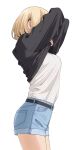  1girl arms_up belt black_belt black_sweater blonde_hair blue_shorts breasts covered_eyes cowboy_shot denim denim_shorts from_side long_sleeves mattaku_mousuke medium_breasts original profile shirt shirt_tucked_in short_hair short_shorts shorts simple_background solo standing sweater twintails undressing white_background white_shirt 
