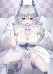  1girl blush bodysuit breasts cameltoe cleavage cleft_of_venus collarbone demon_girl demon_wings drill_hair duel_monster eyebrows_visible_through_hair gloves grey_eyes hand_on_own_chest highres horns kneehighs labrynth_of_the_silver_castle large_breasts looking_at_viewer low_wings medium_hair open_mouth pointy_ears silver_hair skin_tight solo white_gloves white_horns white_legwear white_wings wings xi_(377684317) yu-gi-oh! 