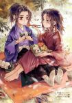  2boys :i bangs barefoot bento black_hair black_hakama blanket brothers carrot child chopsticks day earrings eating eye_contact facial_mark falling_leaves feeding food food_wrapper full_body geta grass hakama haori heart holding holding_chopsticks japanese_clothes jewelry joshua_drac kimetsu_no_yaiba kimono knees_up leaf long_sleeves looking_at_another lunchbox male_focus messy_hair multiple_boys nature omelet onigiri outdoors outstretched_leg parted_bangs picnic purple_kimono rain red_eyes red_hair red_kimono shoes shoes_removed siblings sitting sitting_on_lap sitting_on_person soles tabi tsugikuni_michikatsu tsugikuni_yoriichi twins younger 