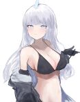  1girl bangs bare_shoulders bikini black_bikini black_gloves black_jacket blush breasts character_request cleavage commentary_request copyright_request gloves grey_eyes highres jacket large_breasts long_hair looking_at_viewer navel off_shoulder silver_hair simple_background solo stomach swimsuit upper_body very_long_hair white_background yu-dachi 