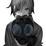  1girl bangs blue_sky bow braid braided_ponytail covered_mouth gas_mask greyscale hair_between_eyes hair_over_shoulder holding holding_mask long_hair looking_at_viewer mask mask_removed mi8pq monochrome nail_polish reflection sekka_yufu simple_background single_braid sky solo spot_color straight-on upper_body utau 