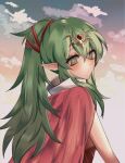  1girl blush cape cloud cloudy_sky dress eine_(eine_dx) eyebrows_visible_through_hair fire_emblem fire_emblem_awakening green_eyes green_hair hair_ornament highres long_hair looking_at_viewer looking_back outdoors pointy_ears ponytail red_dress sky solo sunrise tiara tiki_(fire_emblem) upper_body 