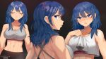  1girl abs artist_name back blue_eyes blue_hair breasts byleth_(fire_emblem) byleth_(fire_emblem)_(female) chocojax closed_eyes commentary english_commentary eyebrows_visible_through_hair fire_emblem fire_emblem:_three_houses hair_between_eyes highres large_breasts looking_at_viewer medium_hair navel parted_lips patreon_logo solo sports_bra sweat teeth twitch_logo twitter_logo upper_body watermark 