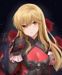  1girl alternate_costume armor bangs black_background black_cape black_gloves blonde_hair boots breasts brown_eyes cape cleavage_cutout clothing_cutout elbow_gloves fire_emblem fire_emblem:_genealogy_of_the_holy_war fire_emblem_heroes flower gloves gradient gradient_clothes haru_(nakajou-28) highres holding holding_cape holding_clothes lachesis_(fire_emblem) long_hair looking_at_viewer medium_breasts official_alternate_costume red_gloves rose shiny shiny_hair shoulder_armor simple_background sky smile star_(sky) starry_sky torn_cape torn_clothes weapon 