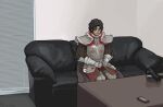  1boy armor beard breastplate camera casting_couch cellphone closed_mouth diallos_(elden_ring) elden_ring emlan facial_hair gauntlets male_focus meme pauldrons phone photo-referenced shoulder_armor sitting smartphone solo |_| 