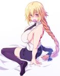  1girl 846-gou absurdres back_tattoo backless_outfit bangs bare_shoulders blonde_hair blue_eyes blue_legwear blue_skirt blush bow braid braided_ponytail breasts condom condom_wrapper fate/apocrypha fate_(series) hair_bow highres jeanne_d&#039;arc_(fate) jeanne_d&#039;arc_(ruler)_(fate) large_breasts long_hair looking_at_viewer miniskirt mouth_hold necktie shirt sideboob sitting skirt sleeveless smile solo tattoo thighhighs very_long_hair wariza white_shirt 
