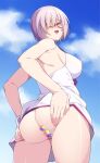  1girl 846-gou ass back bangs bare_shoulders blue_sky breasts censored clothes_lift dress dress_lift dress_swimsuit fate/grand_order fate_(series) glasses hair_over_one_eye highres large_breasts light_purple_hair looking_at_viewer looking_back mash_kyrielight mash_kyrielight_(swimsuit_of_perpetual_summer) novelty_censor open_mouth purple_eyes saint_quartz_(fate) short_hair sky smile solo swimsuit thighs white_swimsuit 