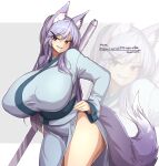  1girl animal_ear_fluff animal_ears blush breasts copyright_request covered_nipples eyebrows_visible_through_hair fang fox_ears fox_girl fox_tail hair_ornament hairclip hayami_yamauchi_(fovoham_adventurers_guild) highres holding holding_staff huge_breasts japanese_clothes kimono kimono_skirt large_breasts leaning_to_the_side long_hair original parted_lips purple_eyes purple_hair smile smirk smug solo source_request staff tail thighs very_long_hair weapon weapon_on_back wolf_ears wolf_tail xyv_1 zoom_layer 
