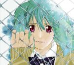  1girl album_cover bangs beige_cardigan black_bow bow cardigan collared_shirt cover crying crying_with_eyes_open ebata_risa eyebrows_behind_hair fence floating_hair green_hair macross macross_frontier official_art purple_eyes rain ranka_lee school_uniform shirt short_hair solo tears 