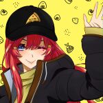  1girl ;) absurdres baseball_cap black_coat black_headwear blue_eyes closed_mouth coat floating_hair go-toubun_no_hanayome hair_ornament hat highres long_hair long_sleeves looking_at_viewer makeup mascara nakano_itsuki one_eye_closed open_clothes open_coat red_hair shippaidayo sleeves_past_wrists smile solo star_(symbol) star_hair_ornament sweater upper_body yellow_background yellow_sweater 