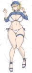  ahoge artoria_pendragon_(fate) baseball_cap bed_sheet bikini blonde_hair blue_eyes breasts dakimakura_(medium) fate/grand_order fate_(series) full_body hair_through_headwear hat highres large_breasts looking_at_viewer lying mysterious_heroine_xx_(fate) nia_i on_back ponytail shrug_(clothing) side-tie_bikini solo swimsuit thigh_strap white_bikini wristband zipper_pull_tab 