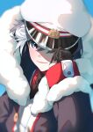  1boy azusa_(azunyan12) black_necktie blue_background blue_eyes blue_hair coat collared_shirt curly_hair fur-trimmed_coat fur-trimmed_sleeves fur_trim hand_on_headwear hand_up hat hat_over_one_eye highres hood hood_down hooded_coat kaito_(vocaloid) long_sleeves looking_at_viewer male_focus multicolored_hair necktie one_eye_covered peaked_cap red_shirt shirt short_hair smile solo streaked_hair vocaloid white_hair white_headwear yuki_kaito 