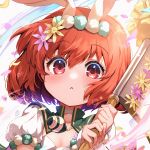  1girl alternate_costume animal_ears axe bangs blush bright_pupils close-up closed_mouth eyebrows_visible_through_hair fake_animal_ears fire_emblem fire_emblem:_mystery_of_the_emblem fire_emblem_heroes flower hair_between_eyes hair_flower hair_ornament highres holding holding_axe holding_weapon light_rays looking_at_viewer maria_(fire_emblem) nakabayashi_zun official_alternate_costume portrait puffy_short_sleeves puffy_sleeves rabbit_ears red_eyes red_hair shiny short_hair short_sleeves simple_background solo weapon 