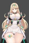  1girl absurdres bangs bare_legs bare_shoulders blonde_hair breasts chest_jewel cleavage cleavage_cutout clothing_cutout desspie dress earrings elbow_gloves gem gloves headpiece highres jewelry large_breasts long_hair mythra_(xenoblade) panties pantyshot short_dress solo swept_bangs thigh_strap tiara underwear very_long_hair white_dress white_gloves xenoblade_chronicles_(series) xenoblade_chronicles_2 yellow_eyes 