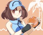  1girl 34_(sanjushi) ace_trainer_(pokemon) brown_eyes brown_hair closed_mouth fingerless_gloves food gloves long_hair looking_at_viewer pokemon pokemon_(game) pokemon_sm solo tree visor_cap 