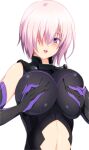  1girl 846-gou bangs bare_shoulders black_leotard breast_hold breasts clothing_cutout elbow_gloves fate/grand_order fate_(series) gloves hair_over_one_eye large_breasts leotard light_purple_hair looking_at_viewer mash_kyrielight navel navel_cutout open_mouth purple_eyes purple_gloves short_hair solo 