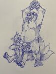  2022 anthro balls belly bodily_fluids canid canine canis disney domestic_dog duo erection eyes_closed fox genital_fluids genitals gideon_grey hi_res humanoid_genitalia humanoid_hands humanoid_penis k-9 male male/male mammal moobs nipples overweight overweight_male penis precum sitting sketch tongue tongue_out zootopia 