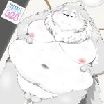  2022 absurd_res anthro balls belly big_belly blush canid canine canis domestic_dog flaccid genitals grey_body hi_res humanoid_genitalia humanoid_hands humanoid_penis japanese_text kemono male mammal micropenis minichin_chubby_day moobs navel nipples obese obese_male overweight overweight_male penis poketalesof small_penis solo text white_body 