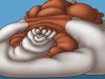  belly big_belly blonde_hair dragon hair hyper hyper_belly lugiaberry male nude obese open_mouth overweight overweight_male scalie skin_folds solo thick_tail 