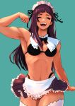  1girl 6maker absurdres bangs bikini blue_background blunt_bangs bow bowtie breasts closed_eyes cowboy_shot flexing highres long_hair maid maid_bikini maid_headdress muscular muscular_female navel open_mouth original pose simple_background skirt small_breasts solo swimsuit teeth thighhighs 