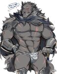  abs absurd_res anthro blaidd_(elden_ring) bulge canid canine canis cape clothing elden_ring embarrassed english_text graysheartart hi_res male mammal muscular muscular_anthro muscular_male pecs solo text thong underwear wolf 