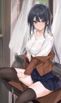  1girl black_hair black_legwear blue_skirt blush bra_visible_through_clothes breasts brown_jacket clothes_pull collarbone collared_shirt curtains desk dress_shirt hair_ornament hairclip highres jacket jacket_partially_removed large_breasts long_hair looking_at_viewer mexif on_desk pantyhose pantyhose_pull pleated_skirt purple_eyes sakurajima_mai school_uniform seishun_buta_yarou shirt sitting skirt solo thighs undressing white_shirt window 